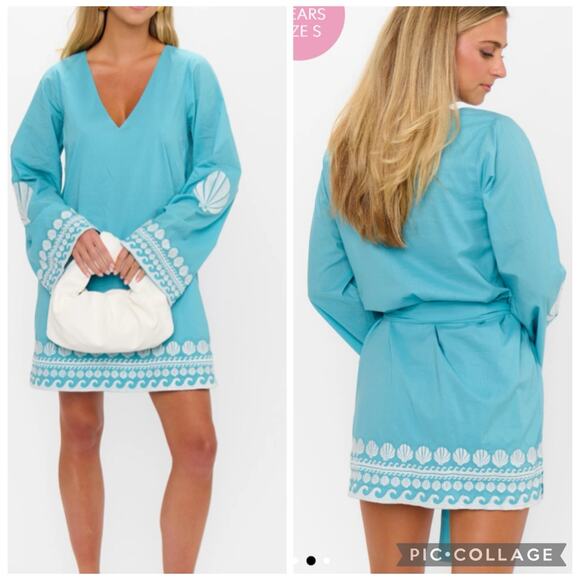 Show Me Your Mumu Malia Mini Dress Blue Capri Shells Small Embroidery Beach Boho - Picture 2 of 14